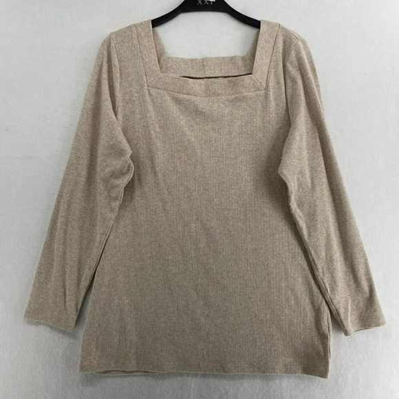 Old Navy Sweater Women's Sz L Beige Slim Fit Square Neck Ribbed Pullover - Picture 1 of 11